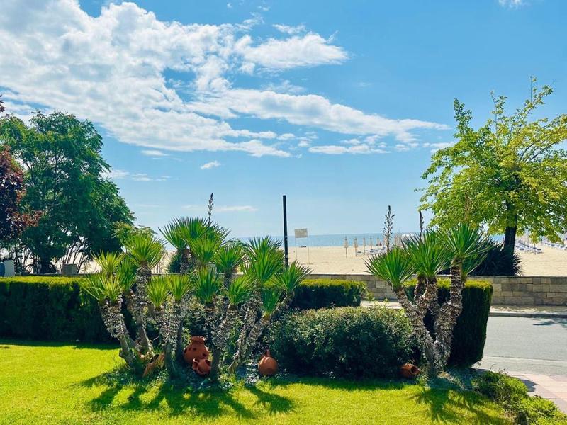 Groene tuin met gesnoeide struiken en bomen onder een blauwe lucht met wolken.