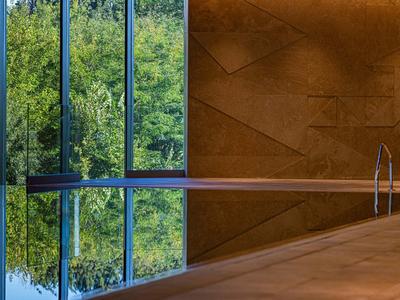 Moderne binnenzwembad met grote ramen en uitzicht op bomen buiten.