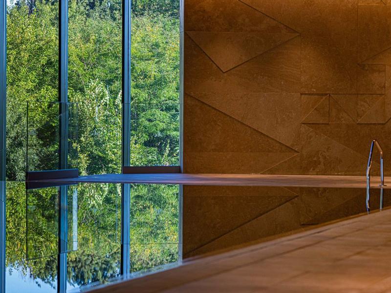 Moderne binnenzwembad met grote ramen en uitzicht op bomen buiten.