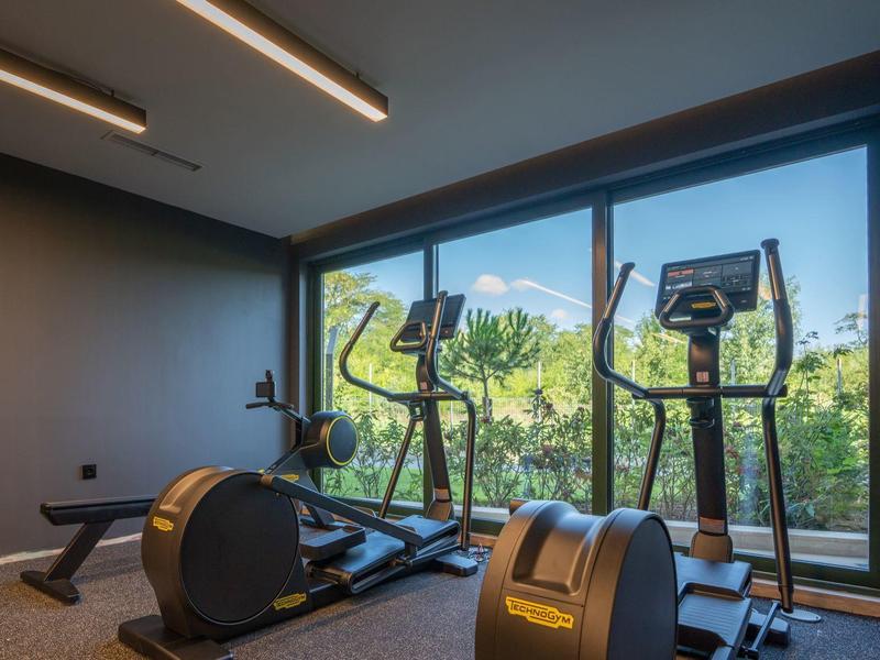 Fitnessruimte met crosstrainers en grote ramen met uitzicht op groen.