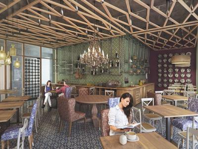 Modernes Hotelzimmer mit Balkon, Bett, Spiegeln und Kommode mit Blumendekoration.