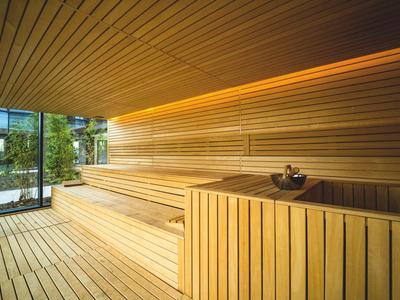 Saunaraum mit Holzverkleidung und großen Fenstern mit Blick ins Grüne
