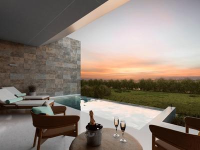 Moderner Außenbereich mit Infinity-Pool und Sitzgelegenheiten bei Sonnenuntergang.