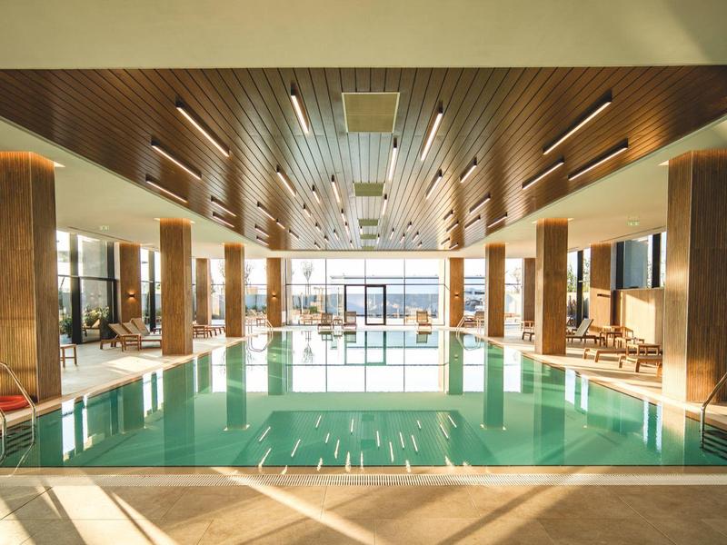 Ein großzügiges Hallenbad mit Holzdecke, Säulen und großen Fenstern mit Blick nach draußen.