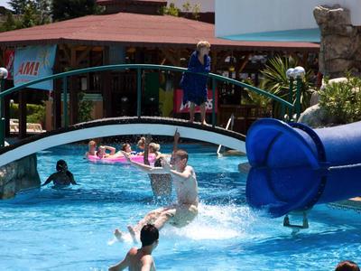 Vodní skluzavka a most v bazénu s několika plavci a rostlinami v pozadí.