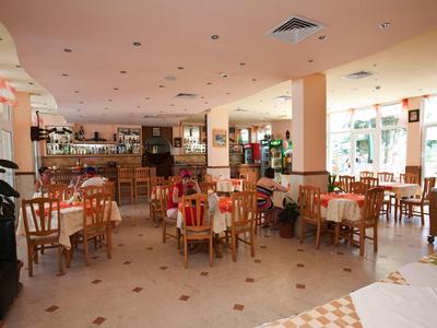 Área de comedor luminosa con mesas y sillas de madera, muchas ventanas y luz suave.