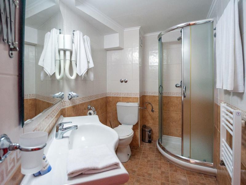 Bagno compatto con doccia, WC, lavabo e asciugacapelli in toni caldi.