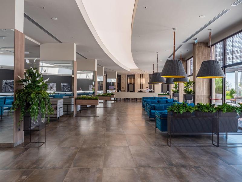 Ruime moderne hotellobby met blauwe zitplaatsen, grote ramen en planten binnen.