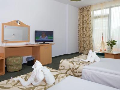 Hotelzimmer mit zwei Einzelbetten, Fernseher auf Schreibtisch und Fenster mit Vorhängen und Pflanzen.