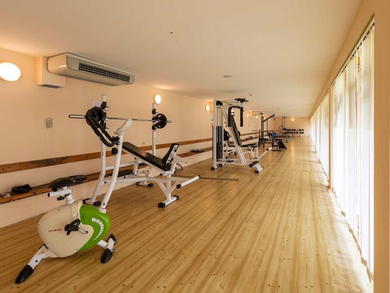 Brightly lit gym with wooden flooring and modern exercise equipment next to large windows.