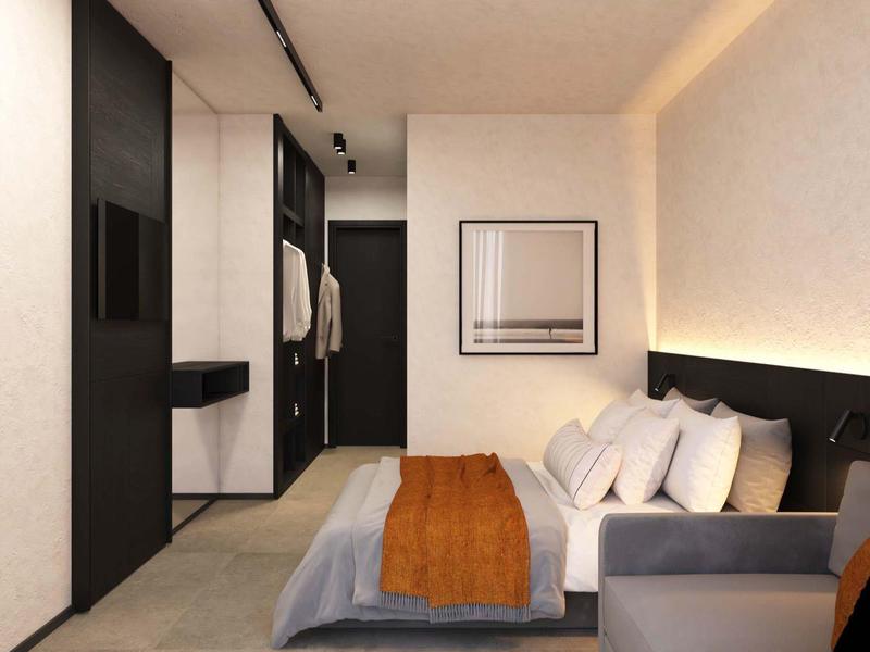 Modernes Schlafzimmer mit Doppelbett, weißen Wänden, grauer Decke und orangem Bettüberwurf.