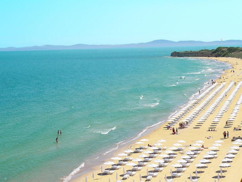 Strand met rijen witte parasols en turquoise zee onder een heldere lucht