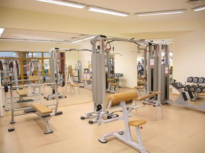 Nowoczesna siłownia z różnymi maszynami siłowymi i hantlami przed ścianą z luster