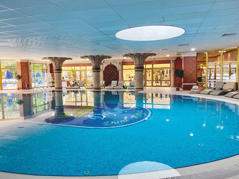 Grande piscina coperta con finestre rotonde sul soffitto e sdraio ai bordi.