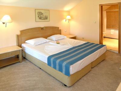 Lichte hotelkamer met tweepersoonsbed, nachtkastjes en uitzicht op een badkamer.