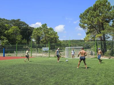 Fünf Männer spielen Fußball auf einem grünen Rasenplatz unter blauem Himmel und umgeben von Bäumen.