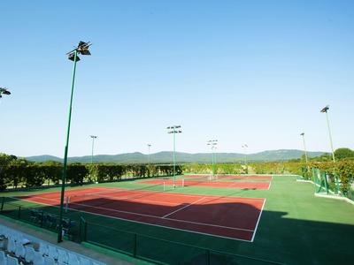 Ein leerer Tennisplatz bei klarem Himmel mit grüner Umzäunung und umliegender Natur.