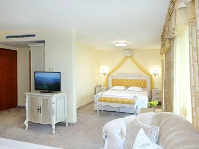 Camera d'hotel luminosa con grande letto, TV su comò e divano accogliente vicino alla finestra.