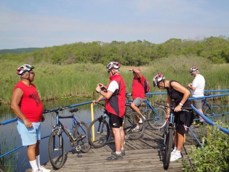 Quattro ciclisti sono fermi su un ponte di legno nella natura per una pausa.