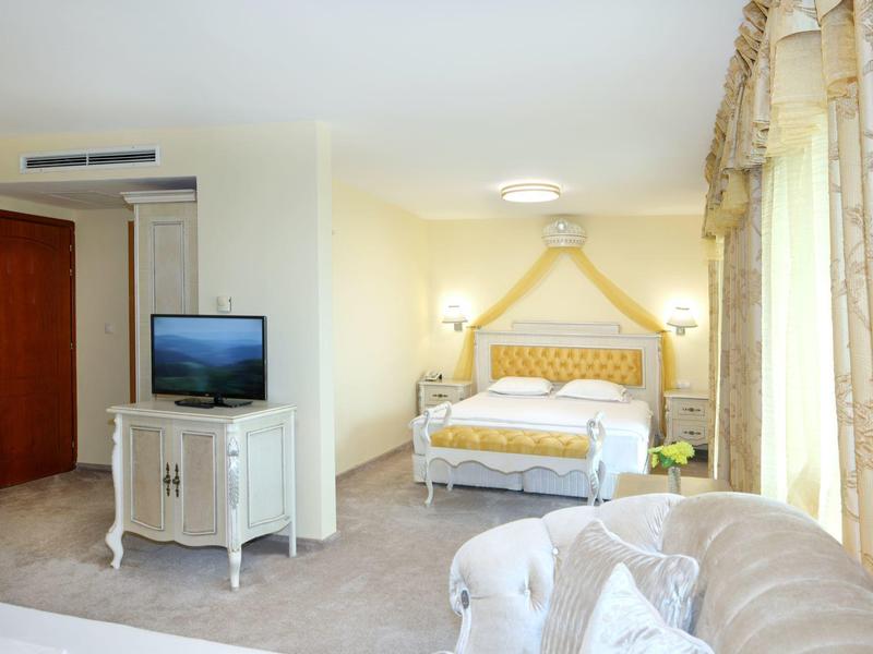 Camera d'hotel luminosa con grande letto, TV su comò e divano accogliente vicino alla finestra.