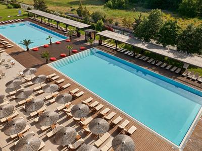 Due piscine rettangolari con lettini e ombrelloni in un giardino di hotel.