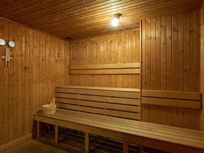 Houten sauna met banken en houten wanden binnen.