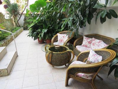 Gemütliche Gartenecke mit Rattanmöbeln und grünen Pflanzen an einer weißen Wand.