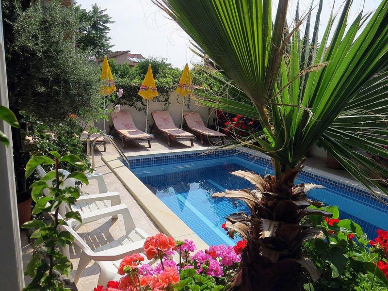 Schwimmbad mit blauen Wasser, Palmen, bunten Blumen und Liegestühlen mit gelben Sonnenschirmen.