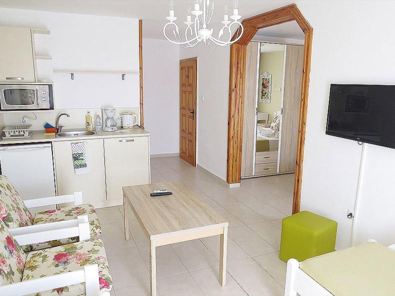 Helles Wohnzimmer mit Küchenzeile, floralem Sofa, Fernseher und schlichtem Holztisch.