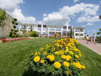 Großes modernes Gebäude mit blühenden gelben Blumen und gepflegtem Rasen unter blauem Himmel.