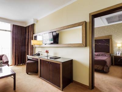 Moderner Hotelzimmerbereich mit Sofa, TV, Schreibtisch und Blick ins Schlafzimmer.