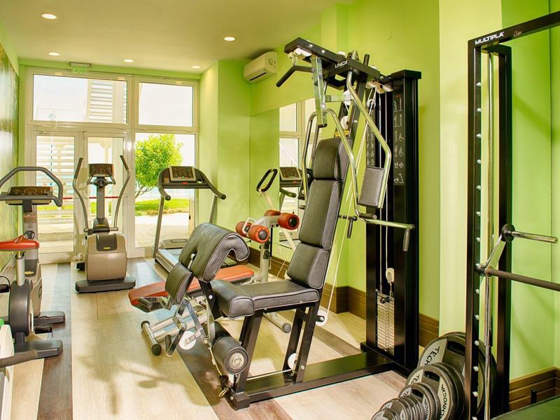 Lichte sportschool met groene muren en meerdere trainingsapparaten naast een raam.