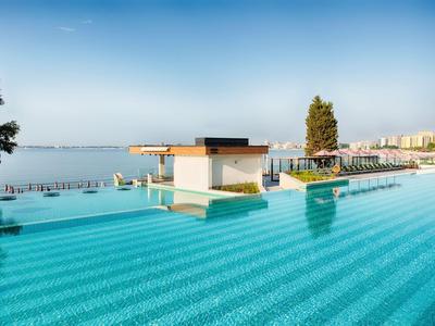 Piscina infinity con vistas al mar y tumbonas en un día soleado.