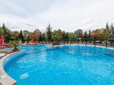 Large blue pool with bridge and red umbrellas in a green garden area.