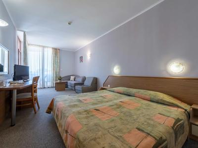 Hotel room with double bed, desk, chair, TV, and seating area with sofa, bright wall colors.