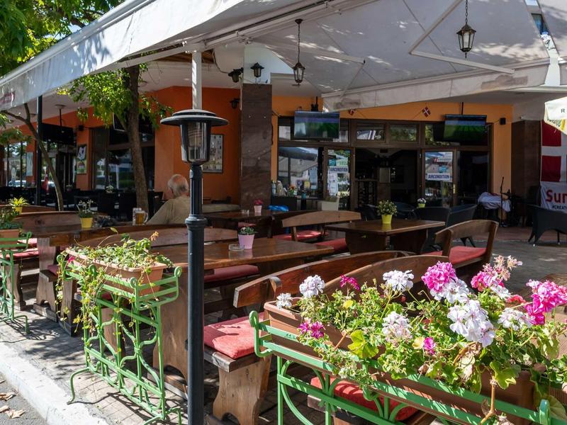 Outdoor restaurant with wooden tables and colorful flowers in green planters