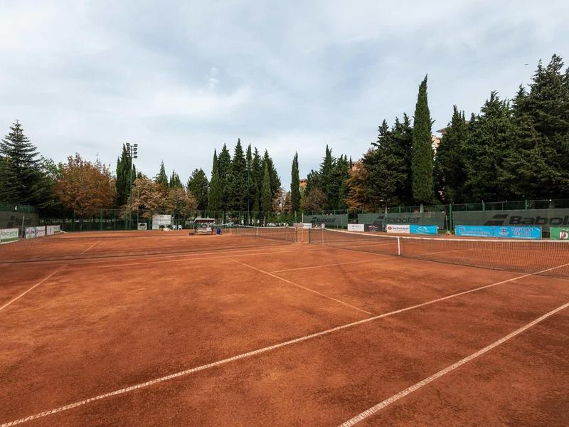 An outdoor red clay tennis court surrounded by trees under a cloudy sky.