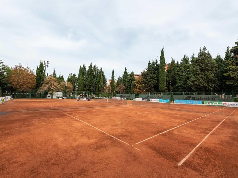 Empty red clay tennis court surrounded by trees under a cloudy sky.