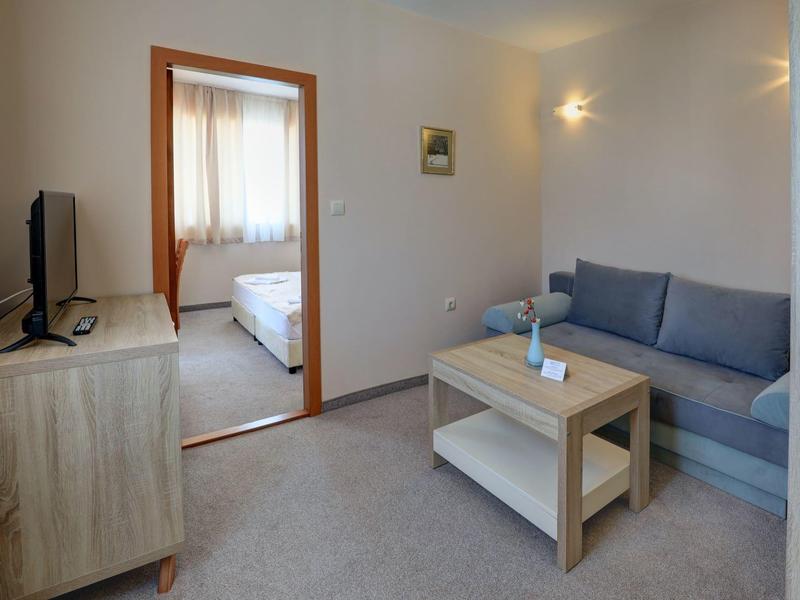 Kleines Wohnzimmer mit grauem Sofa, Holztisch und TV, daneben Blick ins Schlafzimmer mit Bett.