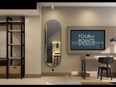 Modern hotel corridor with wooden closet, black ladder, and a desk with chair.