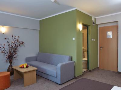 Gezellige hotelkamer met grijze bank, groene muur en klein tafeltje met fruit.