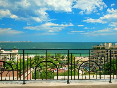 Vista sulla spiaggia e sul mare da un balcone con ringhiera nera decorativa.