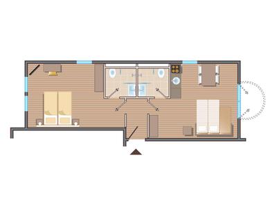 Plattegrond van een appartement met twee slaapkamers, badkamer en open woonruimte.