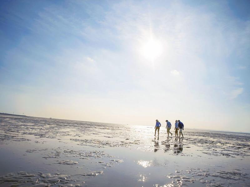Drie wandelaars lopen over een uitgestrekt, vlak strand bij eb onder een zonnige lucht.