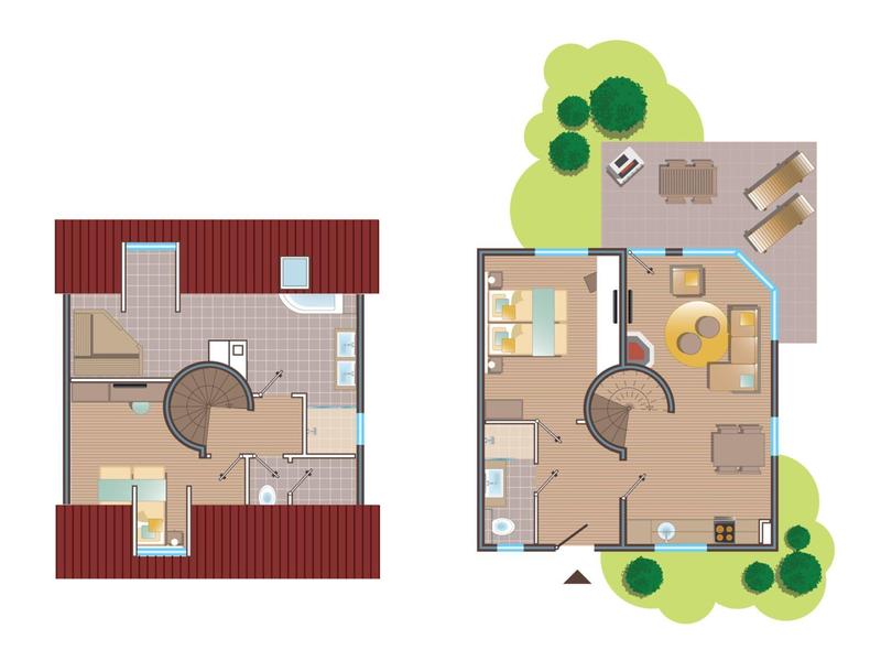 Plattegrond van een vakantiehuis met twee verdiepingen, woonkamer, eetgedeelte en terras op de bovenverdieping.