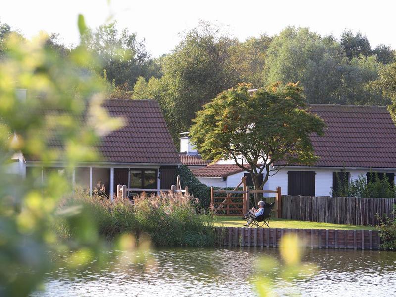 Deux maisons aux toits rouges au bord d'un lac, entourées d'arbres et d'une clôture.