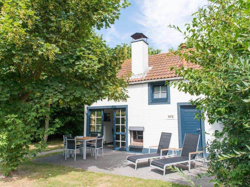 Dom z tarasem, meblami ogrodowymi i leżakami otoczony wysokimi drzewami