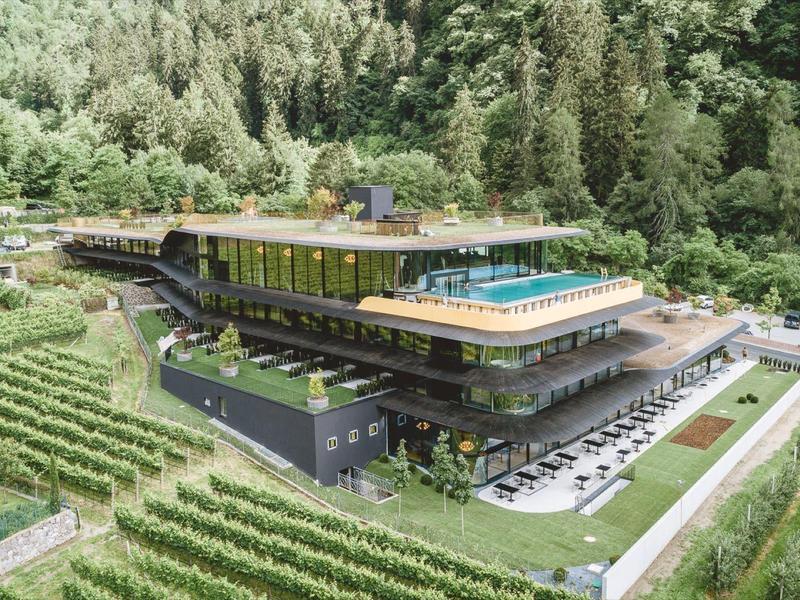 Modernes Hotel mit Pool und Terrasse, umgeben von grünem Wald und Weinbergen.