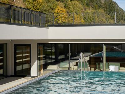 Moderner Außenpool mit klarem Wasser vor bewaldetem Berg und blauem Himmel.