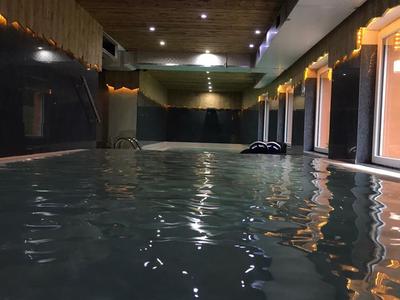 Innenhallen-Pool mit dunklem Holzdecke, Beleuchtung und großen Fenstern an einer Seite.